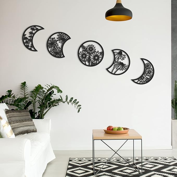Jetec 5 Pcs Moon Phase Wall Art Decor Wall Pediments Hanging Wooden Phase Spiritual Bedroom Nordic Boho Lunar Aesthetic Art for Living Room Dorm Apartment Ornament (Black,10.6 Inch,Flower)