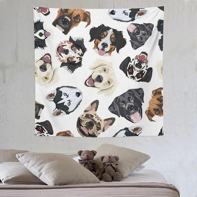 VUMIVI Dog-Head Tapestry Cartoon Pet Illustrations Cute Funny Animals Colorful Graffiti Tapestry Wall Hanging for Living Room Bedroom Dorm Classroom Aesthetic Decor W60xL60in
