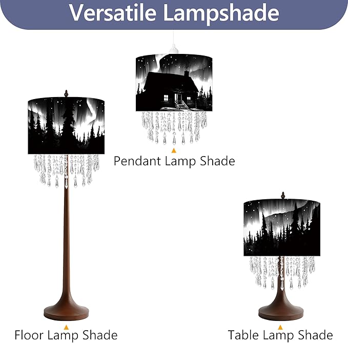 Northern Aurora Cabin Lamp Shade with Acrylic Bead Droplets, Black & White Drum Fabric Light Shade for Ceiling Pendant Table & Floor Lamps, Winter Landscape Decor, 11.8in