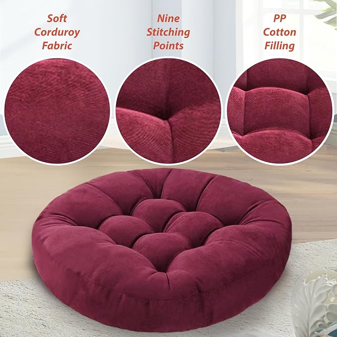 Meditation Floor Pillow Set of 2 Large Round Floor Cushions for Adults Tufted Corduroy Floor Seat Pillows Cushion for Living Room Tatami Yoga,Wine Red 22" L x 22" W x 5" H