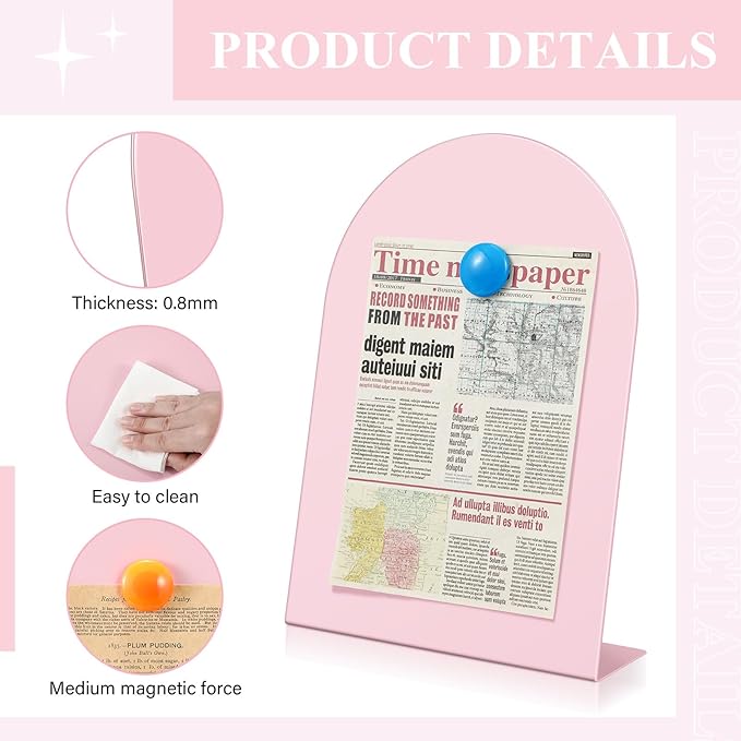 Shimeyao 2 Pcs Pink Magnetic Bulletin Board for Tabletops with 8 Magnets 12 x 8.5 Inch Memo Display Easel Stand for Home Office School Kitchen Table Supplies (Arched)