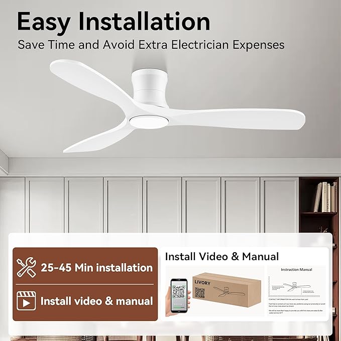 52” Wood Smart Flush Mount Ceiling Fans with Lights and Remote,Quiet DC Motor,Outdoor Indoor Ultra Low Profile Ceiling Fan works with Alexa WIFI APP,Modern White Ceiling Fan for Bedroom Patio
