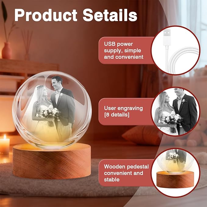 Personalized 3D Crystal Ball Night Light - Custom Photo Snow Globe Lamp for Valentine‘s Day, Anniversary, Birthday - Memorial Keepsake Gift for Couples, Family, Pets