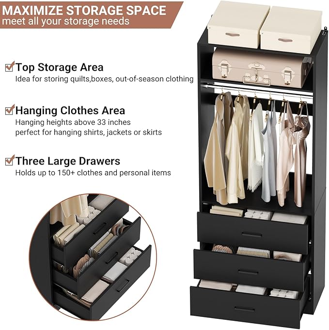 Closet System Set of 2, 4FT Closet Systems with 6 Wood Drawers, 48" Closet Organizer System with 2 Hanging Rods & 2 Shelves, Heavy Duty 48 Inch Walk-in Closet, Black (48"L x 15" W x 80" H)