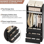 Freestanding 2FT Closet System with 3 Wood Drawers, 24" Closet Organizer System with Hanging Rod & Shelves, Walk-in Closet Systems for Small Closets, Black (24"L x 15" W x 80" H)