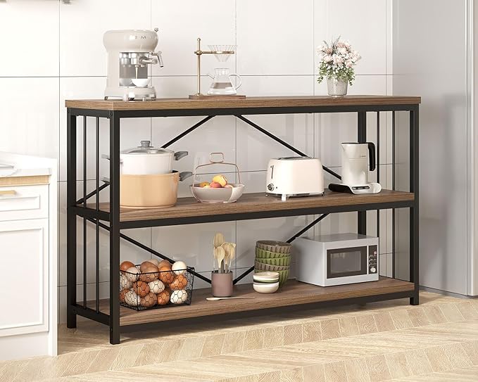 IBF 3 Tier Bookshelf Storage Organizer, Industrial Short Wide Open Horizontal Bookcase, Farmhouse Low Wood Metal Book Shelf for Office, Modern Vintage Etagere in Bedroom Living Room, Rustic Oak, 47 In