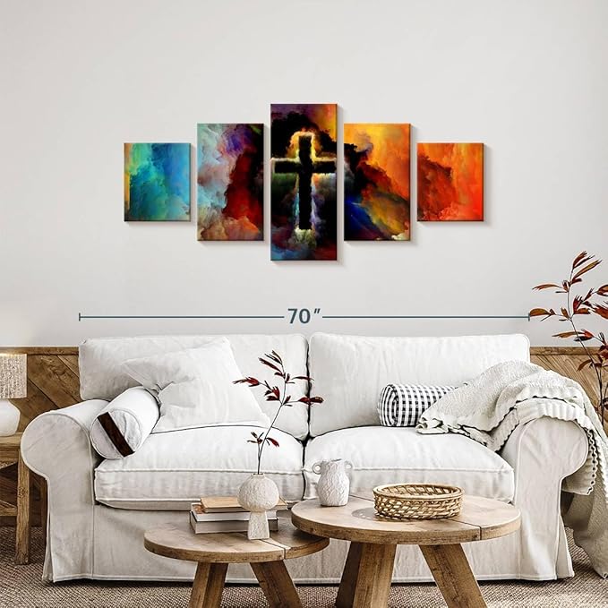 Elephant Stock Colorful Cross Wall Art Multi Piece Canvas - 5 Panel Christian Pictures Decor - Digital Design Canvas Print - Christian Wall Decor - 55" X 24"