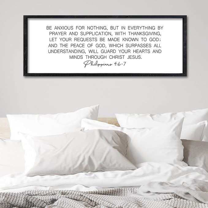 Surfapans Christian Wall Decor Be Anxious for Nothing Sign 32"×12" Philippians 4:6-7 Bible Verse Scripture Positive Quotes Holy Inspirational Religious Jesus Large Wood Framed Hanging Art (Black)