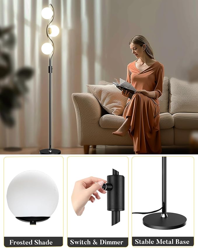 Lightdot 60IN Dimmable Black Floor Lamp, Mid Century Standing Lamps with 3 Globe Soft Warm White 3000K Bulbs Included, Modern Tall Lamp for Living Room/Bedroom/Sofa Beside/Corner Decor
