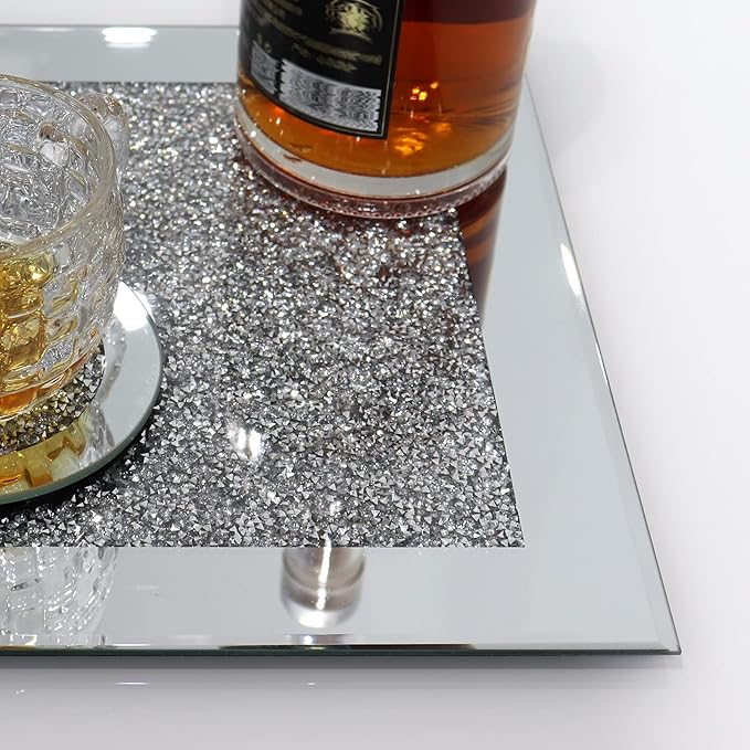 GIMORRTO Glass Mirrored Coaster 2 PC, Crushed Diamond Square Cup Mat 10" Decor on Tabletop for Bar Tools Dining Table