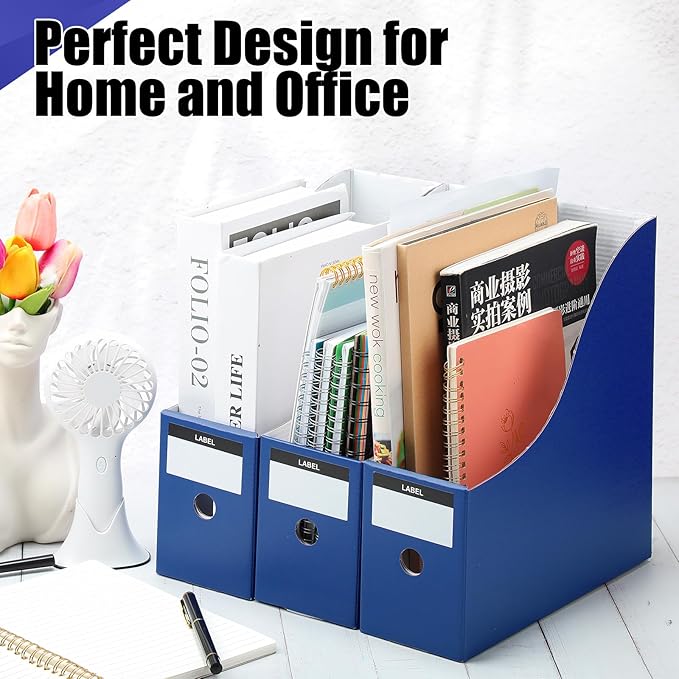 Thenshop 24 Pcs Cardboard Magazine File Holders Magazine Book Bin Box with Label Sticker Paper Organizer Storage Folder for Desk Shelves School Classroom Office Supplies (Classic,Navy Blue)