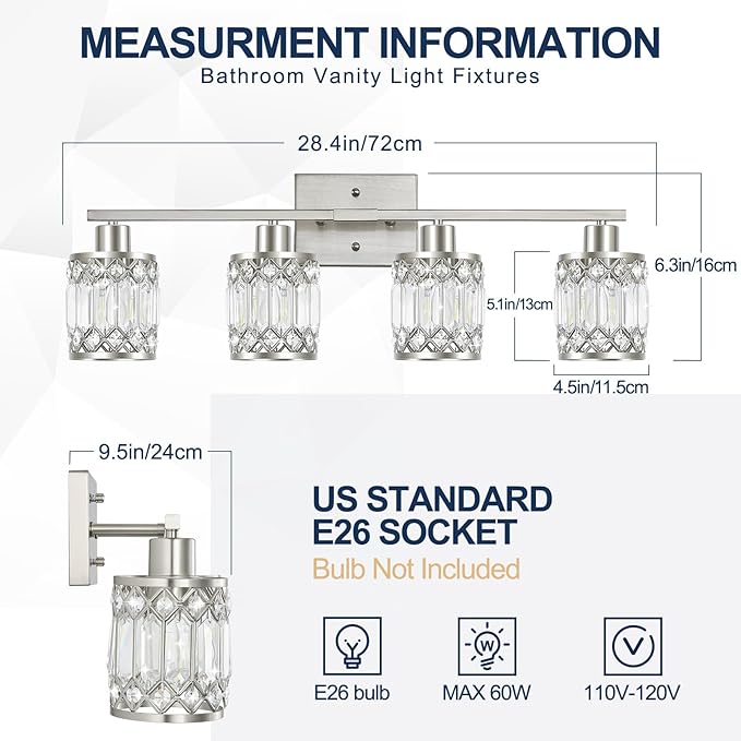 Crystal Modern Bathroom Light Fixtures, 4-Light Brushed Nickel Bathroom Vanity Wall Light, Vanity Lights for Mirror, Restroom, Bedroom (E26 Socket, Bulbs Not Included)