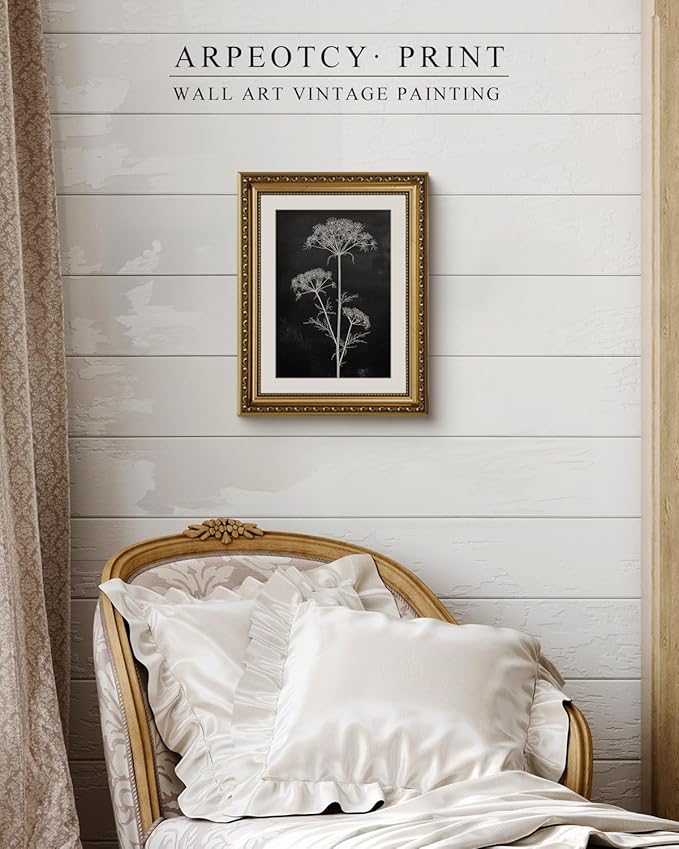 ARPEOTCY Vintage Gold Framed Wall Art Decor, Moody White Flower Picture, Dark Botanical Wall Art for Living Room, Farmhouse Bathroom Decor Aesthetic, Rustic Home Decor, 11x14 Inch