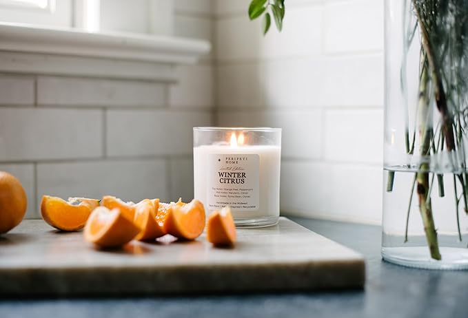 PERIPETI Home Winter Citrus Scented Candle, Wooden Wick – 8.5oz Natural Soy Wax for Energizing Aromatherapy, Long-Lasting Burn