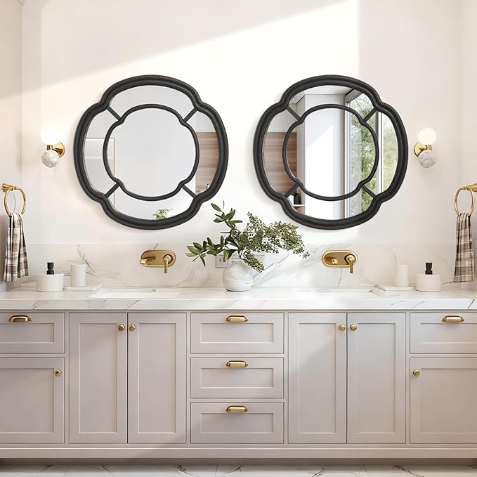 Black Wall Mounted Mirror, Large Irregular Circle Hanging Mirror Wooden Wavy Framed Round Decorative Mirrors for Hallway Entryway Vanity Decor 20 Inch Mirrors