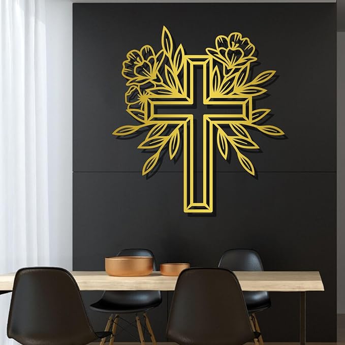 ENJOYOO Metal Cross Wall Decor, Religious Cross Decoration, Flower Metal Wall Art, Garden Wall Art Outdoor (Silver, 19×17in/47×43cm, metal wall art)