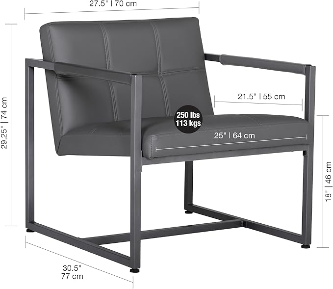 Studio Designs Home Modern Accent Chair Camber Mid-Century, Pewter Grey Metal Frame & Smoke Bonded Leather