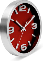 Bernhard Products Metal Wall Clock Modern Silver & Wine 10 Inch Silent Non Ticking, Red Round Elegant Quality Quartz Battery Operated for Home Kitchen Living Room Office, 3D Numbers