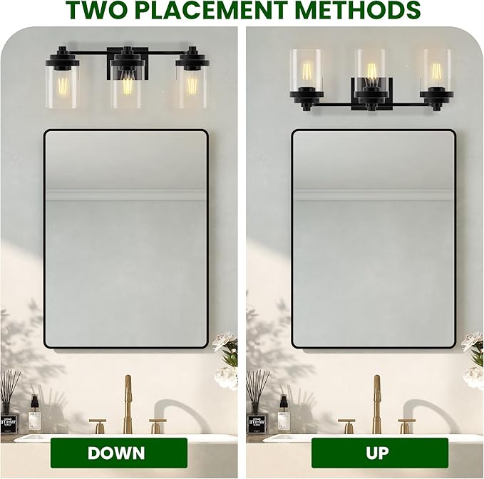Bathroom Vanity Light Fixture, 3-Light Modern Black Vanity Light Fixtures with Clear Glass Shade, Matte Black Bathroom Light Fixtures Over Mirror, Rustic Restroom Lighting Fixtures