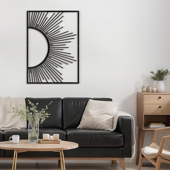 SIGNLEADER Metal Wall Art Decor Shining Sun Minimalist Modern Abstract Wall Sculpture Hangings Home Decoration for Living Room, Bedroom, Bathroom, Kitchen, Outdoor - 24" Black