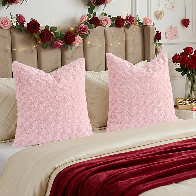 FUTEI Pink Decorative Throw Pillow Covers 20x20 Inch Set of 2,Soft Solid Rose Swirl Textured Cushion Case,Valentine's Day Decor for Couch Living Room