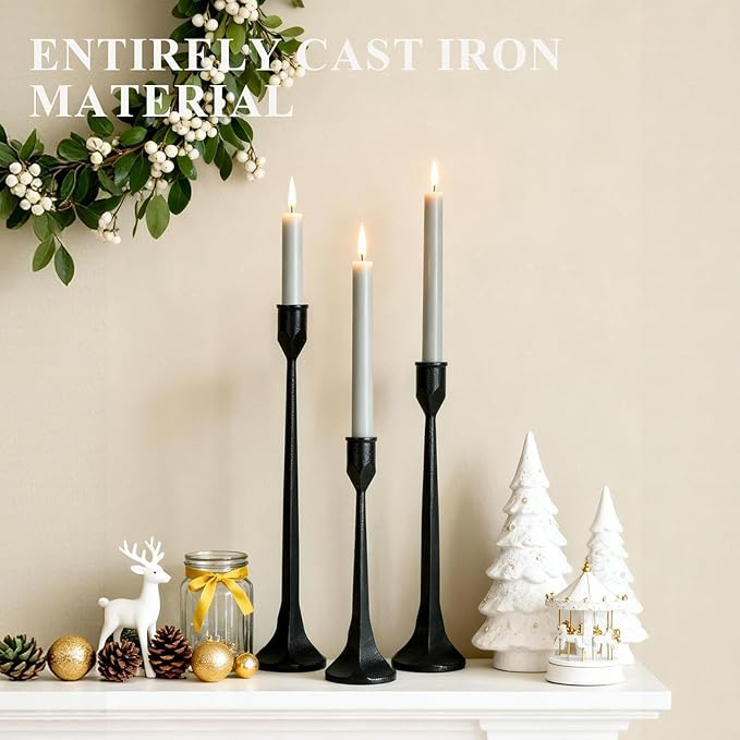 Tall Black Cast Iron Candlestick Holders Set of 3, Wrought Iron Tall Taper Candle Holders, Candle Sticks Holders Decor for Home Decor, Mantle, Table, Wedding-11.8"+13.8"+15.4"(Black)