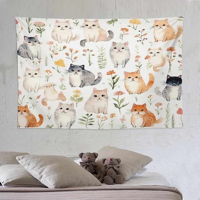 VUMIVI Cute Cat Tapestry Cartoon Pets Flowers Mushrooms Butterflies Watercolor Illustrations Tapestry Wall Hanging for Living Room Bedroom Dorm Classroom Aesthetic Decor W90xL60in