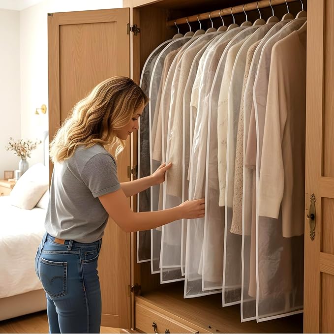 15 Pack Garment Bag with Zipper, Plastic Garment Bags for Hanging Clothes Dresses Clear Suit Cover Bags for Closet Storage Short Coats, Jackets, Shirts 24" x 40"/47"/55"