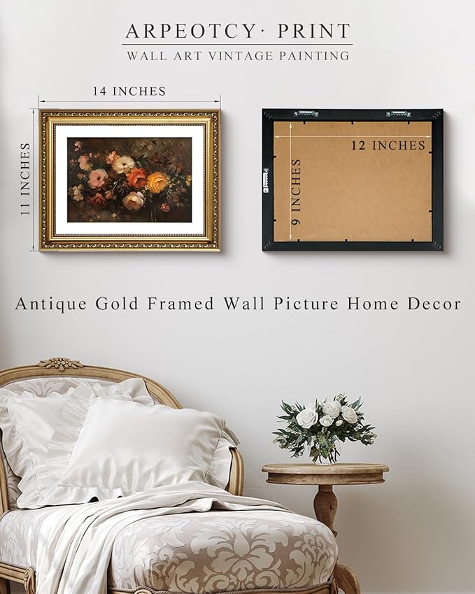 ARPEOTCY Vintage Gold Framed Wall Art Decor, 11x14 Inch Floral Picture Print Artwork, Fall Wall Art for Living Room Bedroom Office, Retro Autumn Bathroom Decor Aesthetic