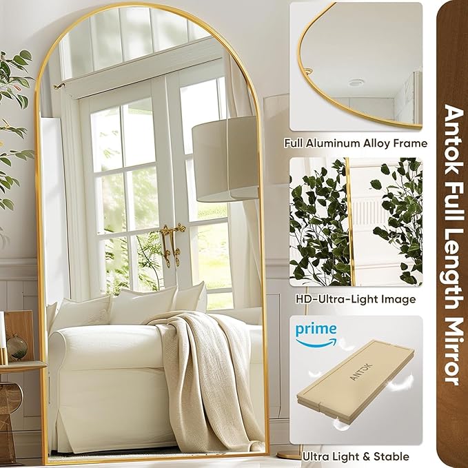 Antok Full Length Mirror, 91"x46" Oversized Floor Mirror Freestanding, Full Body Floor Standing Mirror with Stand, Hanging Mounted for Living Room Cloakroom,Gold,Arched Style