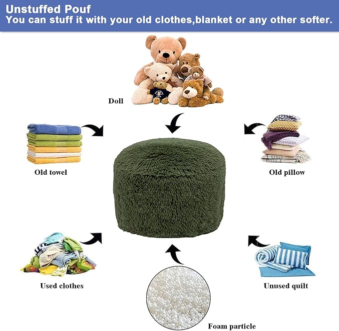 Floor Pouf- No Filler Foot Rest Stool with Storage, Bean Bag Style Cover for Living Room & Bedroom Dark Green