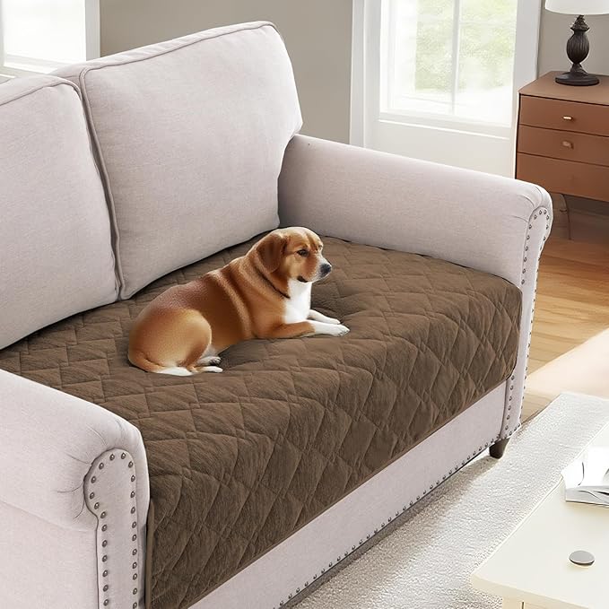 H.VERSAILTEX Couch Cover Chenille Pet Fuzzy Sofa Covers for 2 Cushion Couch Anti Slip Washable Sofa Slipcovers with Strap Soft Couch Protector Cover for Dogs Cats Kids(36" x 63",Coco Mocha)
