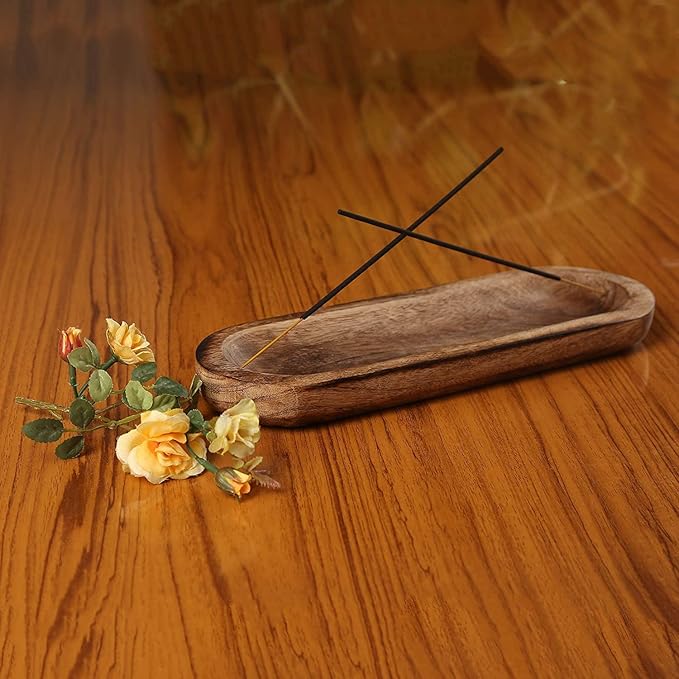 Bless-International Traditional-Handmade-Tray-Burner Wooden-Trat-Incense-Stick-Holder Ash-Catcher-Stand for-Aromatherapy-Meditation-Yoga (11x4x1.22 Inches)