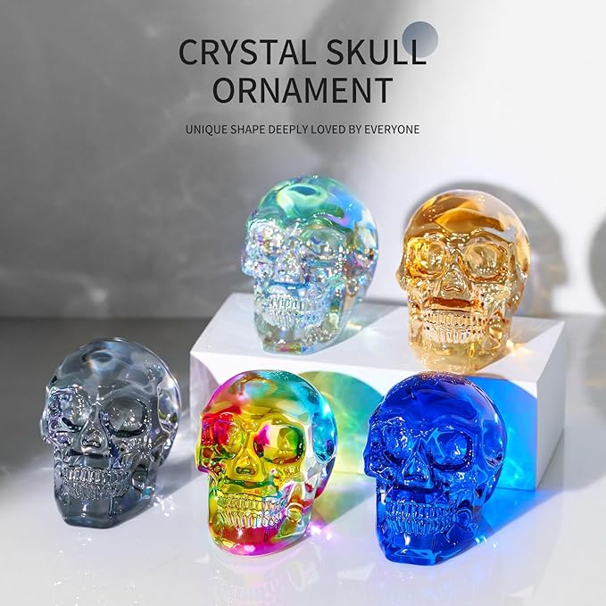 Crystal Halloween Skull Skeleton Decor with Gift Box, Glass Skull Gifts for Men Home Decorations, Art Glass Day of The Dead Skull Halloween Paperweights Collectibles (Black)