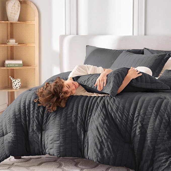 MUXHOMO 7 Pieces California King Comforter Set, Seersucker Bed in a Bag Cal King Size, All Season Luxury Bedding Set with Comforter, Flat Sheet, Fitted Sheet, Pillowcases & Shams, Dark Grey