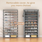 ROJASOP Shoe Rack with Covers, Stackable 10 Tier Tall Shoe Shelf Storage 50-55 Pairs Shoes and Boots Large Capacity Vertical Shoe Rack Organizer for Closet Entryway Garage Bedroom, Grey