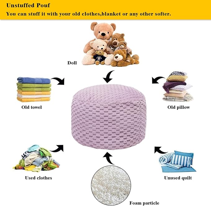 Asuprui Pouf Ottoman Unstuffed Floor Pouf Ottoman Foot Rest 20x20x12 Inches Round Poof Seat Floor Bean Bag Chair Foldable Floor Chair Storage for Living Room Bedroom Purple Pouf Cover