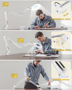 10X Magnifying Glass with Light and Clamp, Ultra Long 3 Section Swing Arm LED Desk Lamp, Real Glass Lens, 5 Color Modes Dimmable, Hands Free Lighted Magnifier with Stand for Repair Crafts - White