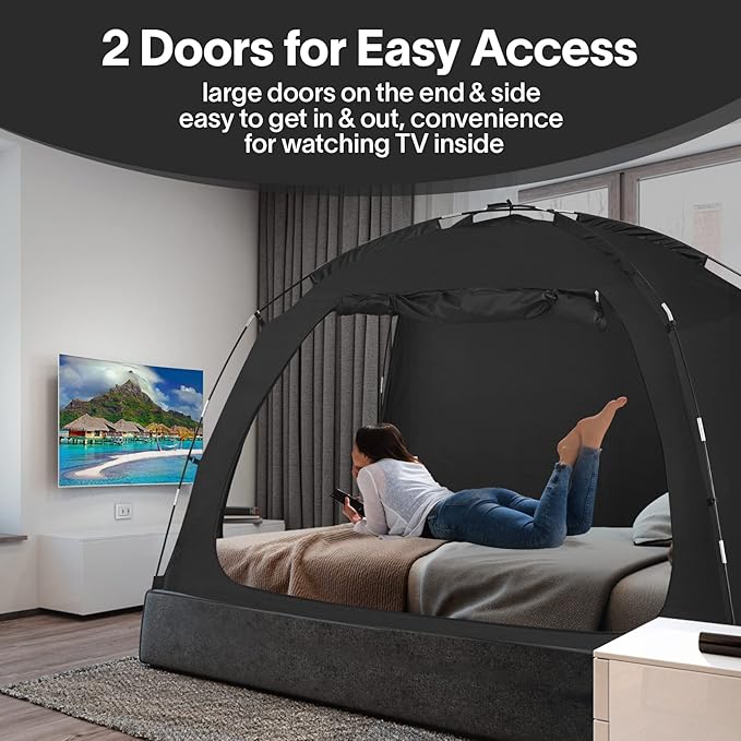 EighteenTek Bed Canopy with Lights, Sleeping Dream Full Bed Tent, Portable Cottage Drafty Room Blackout Breathable Privacy Big Indoor Tents for Girls & Boys Bedroom Decor, Black