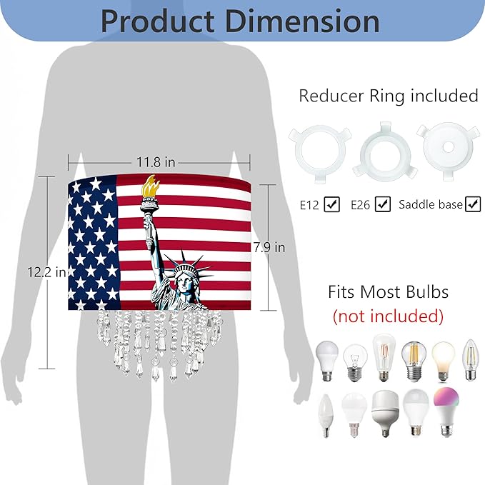Patriotic Fabric Lamp Shade with Acrylic Bead Droplets, American Flag & Statue of Liberty, Drum Light Shade for Ceiling Pendant Table or Floor Lamps, 4th of July Decor, Military Gifts, 11.8in