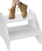 AMBIRD Wooden Two Step Stools Toddler with Safety Non-Slip Pads and Handles, Bamboo Step Stool for Bathroom, Bedroom, Kitchen Dual Height Step Stools for Kids (White)