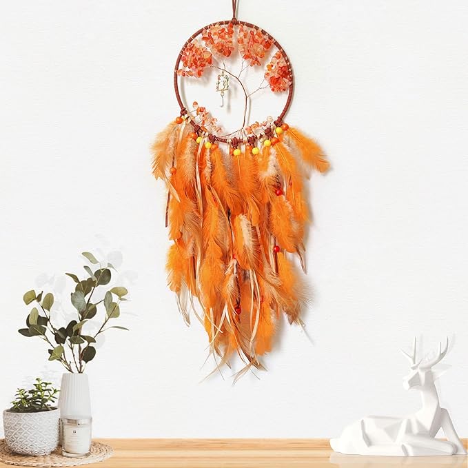 Orange Dream Catcher Wall Decor Crystal Tree of Life Dream Catchers Handmade Feather Dreamcatcher Wall Hanging Ornament for Bedroom Living Room Home Decor