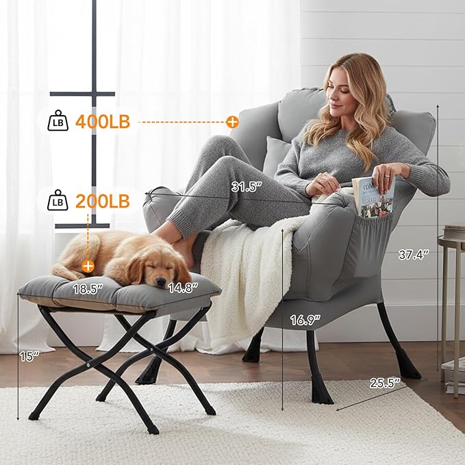 Lazy Chair with Ottoman, Large Lounge Accent Chair with Ottoman and a Throw Pillow, Light Gray Reading Chair for Living Room Bedroom Dorm Room Office Apartment Relaxing Use