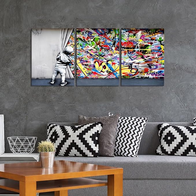 Novatique Banksy Wall Art Street Graffiti Wall Art Behind The Curtain Graffiti Posters Paintings Street Art Prints Decor for Living Room Bedroom, 12" x 16" x 3Pcs