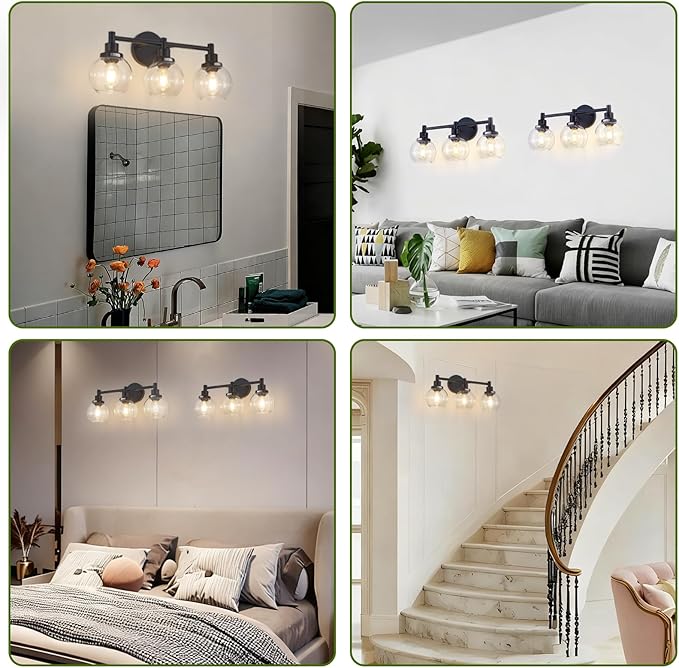 3-Light Bathroom Light Fixture Black Vanity Lights Over Mirror Modern Wall Sconce Farmhouse Vintage Bathroom Vanity Lighting with Glass Shade for Bedroom Hallway Cabinet Bathroom