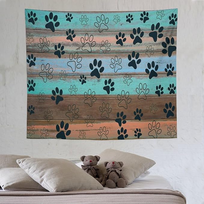 VUMIVI Dog Paw Print Tapestry Rustic Farmhouse Vintage Wood Paneling Home Decor Tapestry Wall Hanging for Living Room Bedroom Dorm Classroom Aesthetic Decor W60xL50in