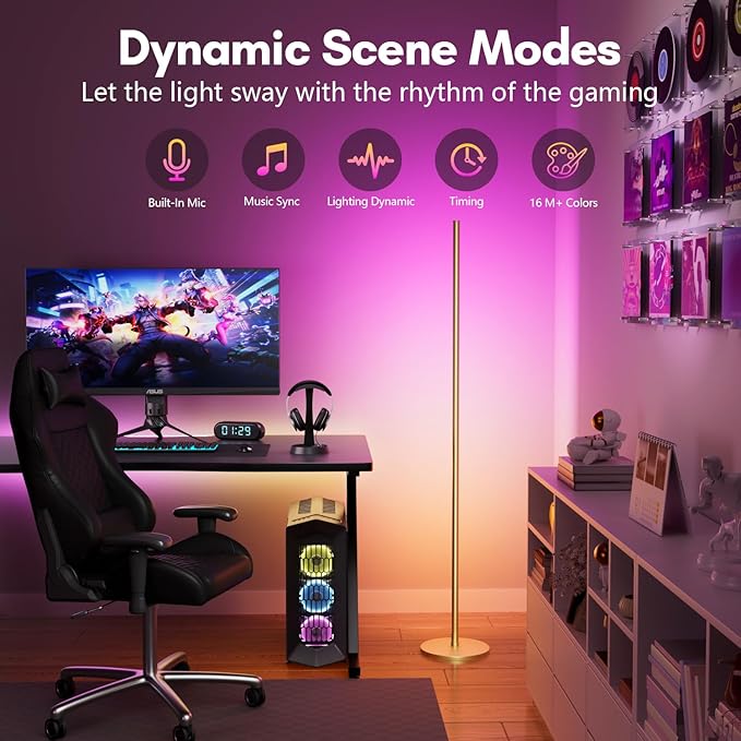 luckystyle Smart RGB Corner Floor Lamp,Bright LED Tall Modern Floor Lamp with APP and Remote,Ambient Lighting Color Changing Standing Lamps with Music Mode and Timing for Living Room,Bedroom Gold