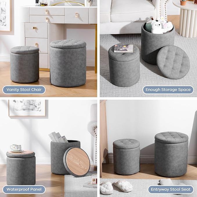 12.6" W x 14.17" H & 14.76" W x 17.32" H Round Set of 2 Ottoman with Storage Vanity Stool for Makeup Multifunctional Ottomans Padded Seat Foot Rest, Padded Seat Footrest for Living Room,Grey