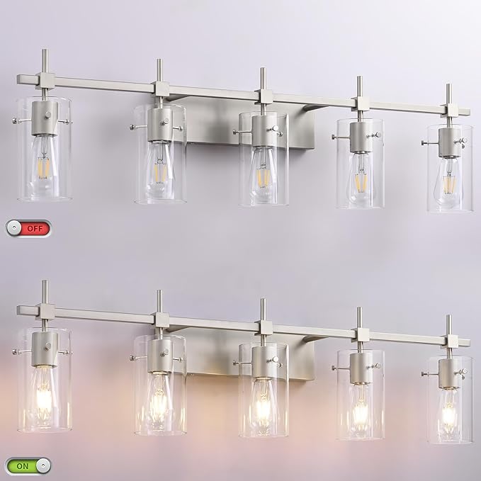 SOLFART 40.1 inch 5 Light Bathroom Vanity Light fixtures Bathroom Light Fixture Over Mirror Brushed Nickel Wall Lights with Glass Shade