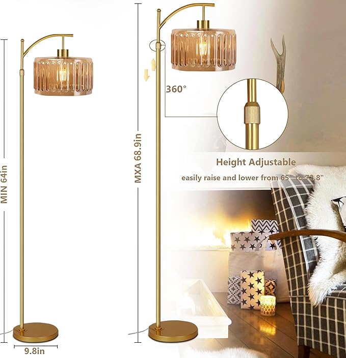 Glass Floor Lamp for Living Room,Bedroom,Gold Dimmable Standing Lamp with Remote,Mid Century Modern Brass Tall Lamp Boho Vintage Retro Floor Lamps Arc Amber Flower Floor Light Lamp Bohemian